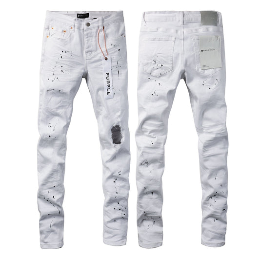 PURPLE Men Streetwear Skinny Jeans White Wash with Black Paint Splatter and Distressed Rip 9021