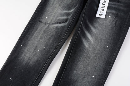 PURPLE Men Streetwear Skinny Jeans Black - Gray Fade Wash with White Paint Specks 9027