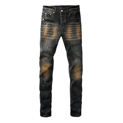 PURPLE Men’s Black Skinny Jeans with Rust-Toned Wash and Multicolor Paint Splatter Artistic Distressed Street 9109