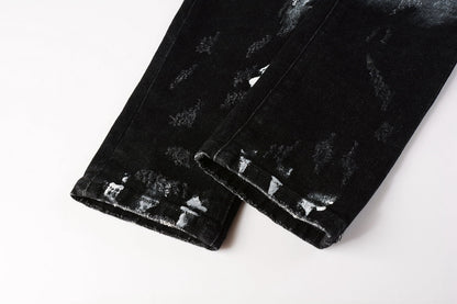 PURPLE Men Streetwear Skinny Jeans Black and White Graffiti Wash with Multi - Color Paint Accents 9020