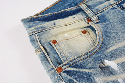 PURPLE Men Streetwear Skinny Jeans Light Blue Wash with White Paint Splatter and Distressed Rips 9007