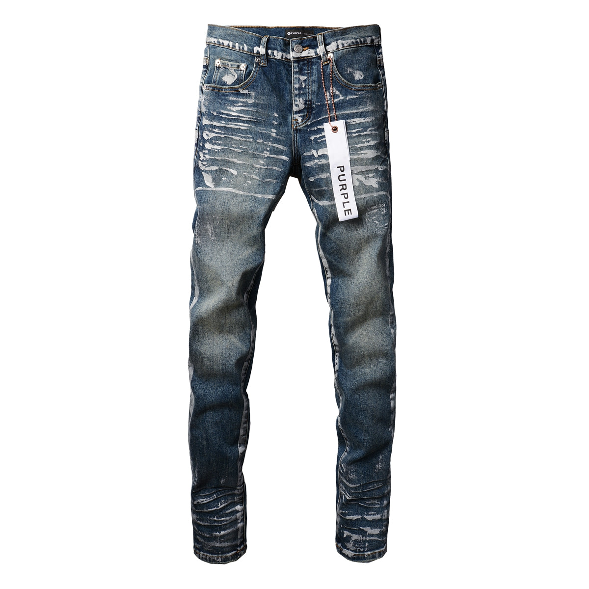 PURPLE Men Streetwear Skinny Jeans Dark Blue Wash with White Brushstroke Distress 9040