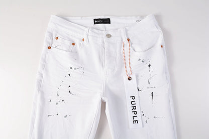 PURPLE Men Streetwear Skinny Jeans White Wash with Black Paint Splatter and Distressed Rip 9021