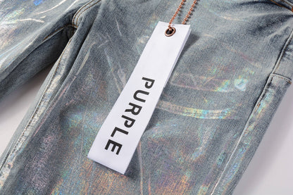 PURPLE Men Streetwear Skinny Jeans Light Blue Wash with Holographic Iridescent Finish 9005
