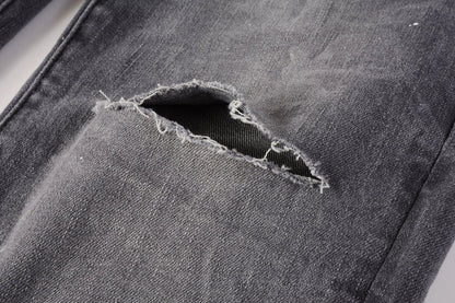 PURPLE Men Streetwear Skinny Jeans Dark Gray Wash with Knee Rips and White Paint Splatter 9039