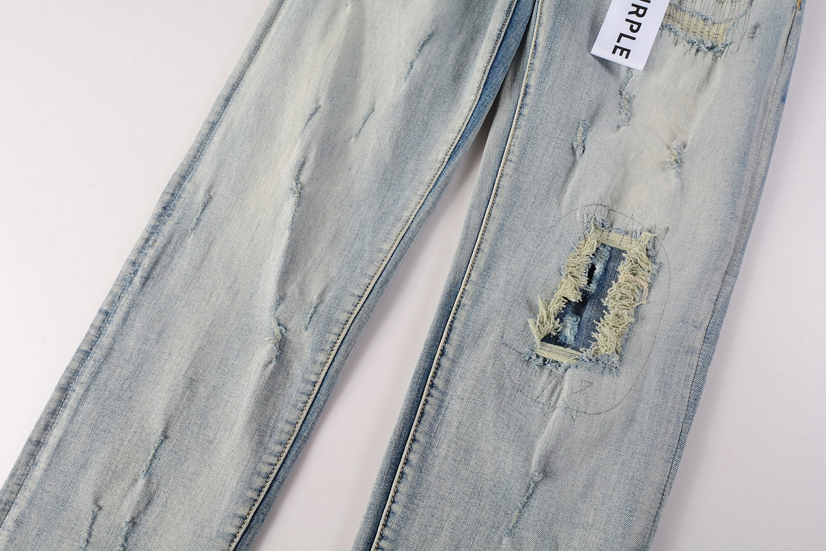 PURPLE Men Streetwear Skinny Jeans Light Blue Wash with Heavy Distressed Rips 9058