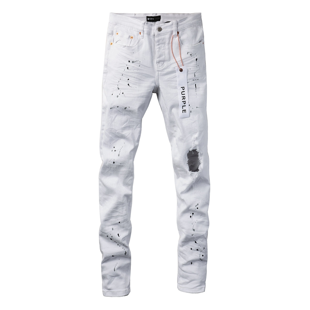 PURPLE Men Streetwear Skinny Jeans White Wash with Black Paint Splatter and Distressed Rip 9021