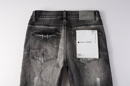 PURPLE Men Streetwear Skinny Jeans Dark Gray Wash with White Paint Splatter and Distressed Rips 9032
