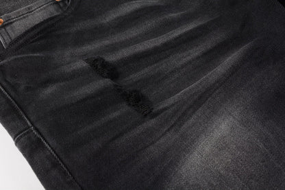 PURPLE Men Streetwear Skinny Jeans Black Wash with Knee Ripped Details 9029