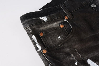 PURPLE Men Streetwear Skinny Jeans Dark Gray Wash with White Paint Splatter and Distressed Rips 9030