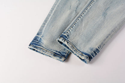 PURPLE Men Streetwear Skinny Jeans Light Blue Wash with Heavy Distressed Rips 9058