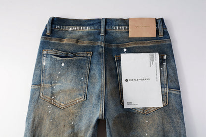 PURPLE Men Streetwear Skinny Jeans Light Blue Wash with Distressed Rips and White Paint Splatter 9012