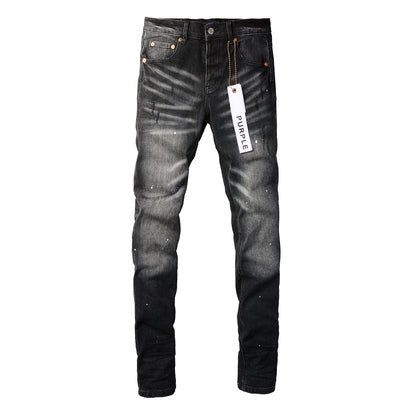 PURPLE Men Streetwear Skinny Jeans Black - Gray Fade Wash with White Paint Specks 9027