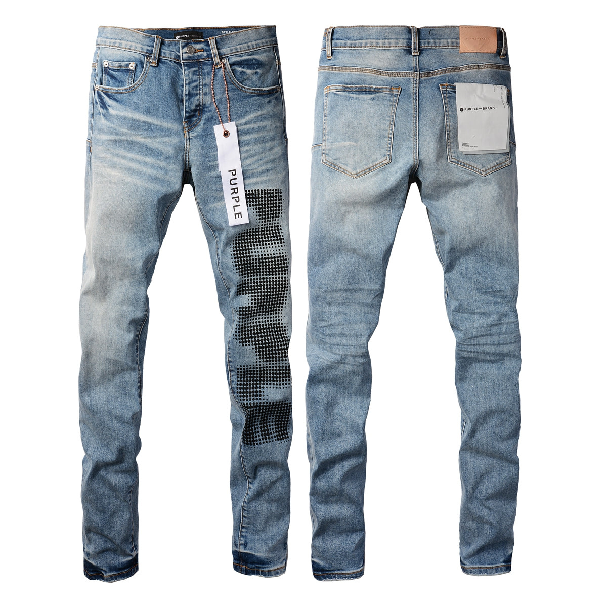 PURPLE Men Streetwear Skinny Jeans Light Blue Wash with Black Pixelated Pattern Print 9052