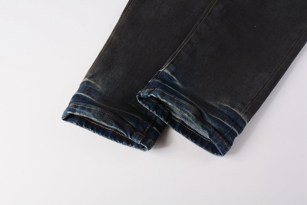 PURPLE Men Streetwear Skinny Jeans Dark Gray Wash with White Paint Splatter and Brush Strokes 9036