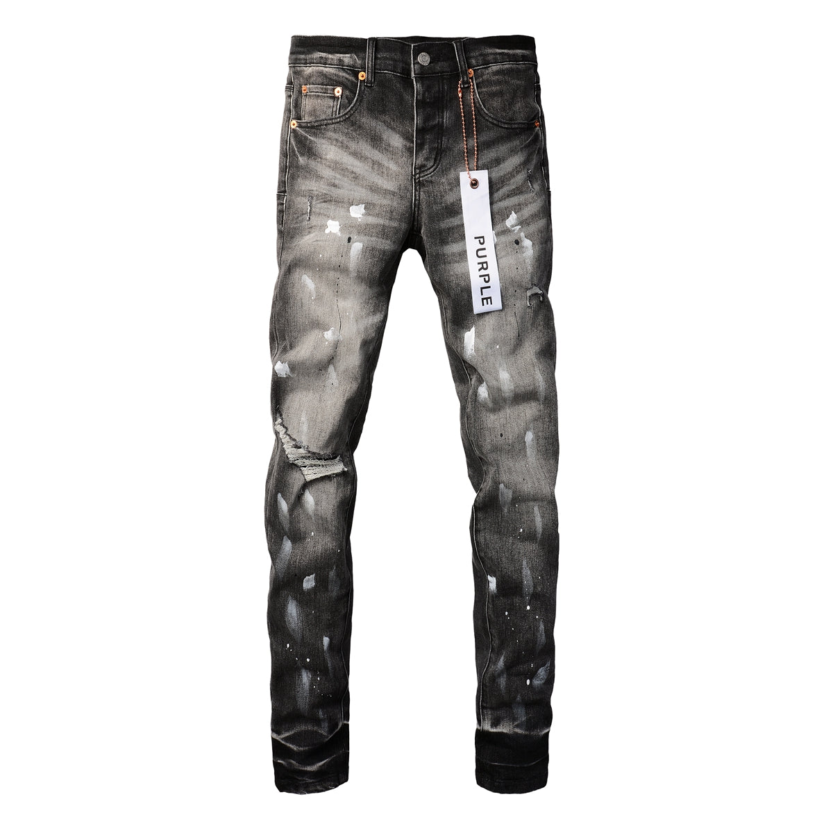 PURPLE Men Streetwear Skinny Jeans Dark Gray Wash with White Paint Splatter and Distressed Rips 9032