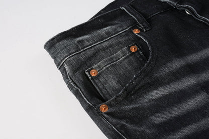 PURPLE Men Streetwear Skinny Jeans Black - Gray Fade Wash with White Paint Specks 9027