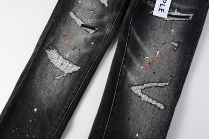 PURPLE Men Streetwear Skinny Jeans Dark Gray Wash with Distressed Rips and Multi-Color Paint Splatter 9018