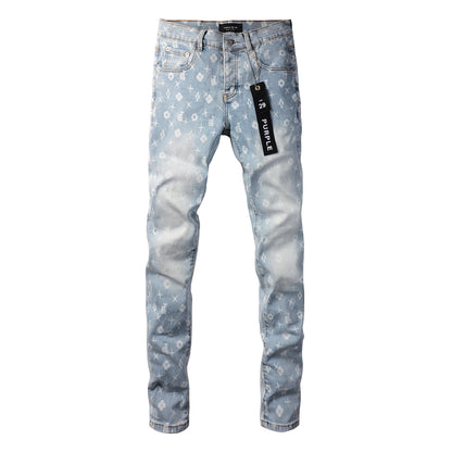 PURPLE Men Streetwear Skinny Jeans Light Blue Wash with All - Over Pattern Print 9089