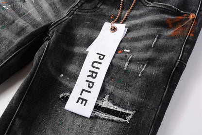 PURPLE Men Streetwear Skinny Jeans Dark Gray Wash with Distressed Rips and Multi-Color Paint Splatter 9018