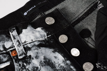 PURPLE Men Streetwear Skinny Jeans Black and White Graffiti Wash with Multi - Color Paint Accents 9020