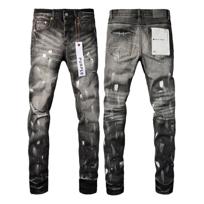 PURPLE Men Streetwear Skinny Jeans Dark Gray Wash with White Paint Splatter and Distressed Rips 9032