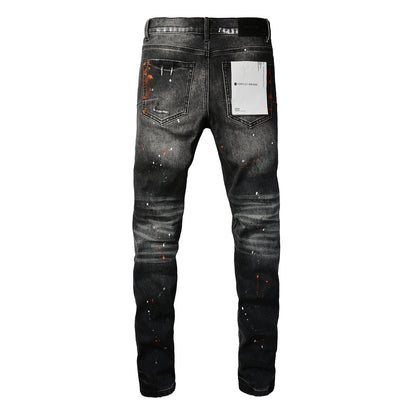 PURPLE Men Streetwear Skinny Jeans Dark Gray Wash with Distressed Rips and Multi-Color Paint Splatter 9018