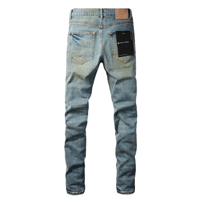 PURPLE Men Streetwear Skinny Jeans Light Blue Wash with Distressed Ripped Knee Details 9076