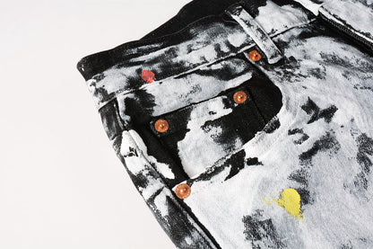 PURPLE Men Streetwear Skinny Jeans Black and White Graffiti Wash with Multi - Color Paint Accents 9020