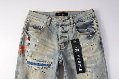 PURPLE Men Streetwear Skinny Jeans Light Gray Wash with Multi-Color Paint Splatter and Distressed Patches 9071