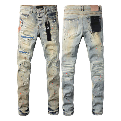 PURPLE Men Streetwear Skinny Jeans Light Gray Wash with Multi-Color Paint Splatter and Distressed Patches 9071