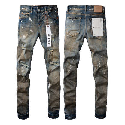 PURPLE Men Streetwear Skinny Jeans Light Blue Wash with Distressed Rips and White Paint Splatter 9012