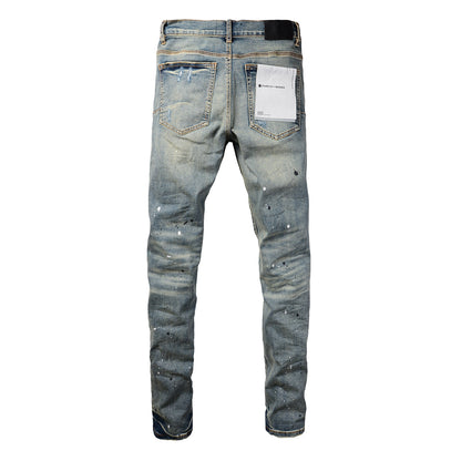 PURPLE Men Streetwear Skinny Jeans Light Blue Wash with Blue Patched Rips and White Paint Splatter 9050-1