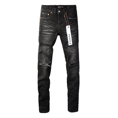 PURPLE Men Streetwear Skinny Jeans Black Wash with Knee Rips and White Paint Specks 9035