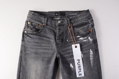 PURPLE Men Streetwear Skinny Jeans Dark Gray Wash with Knee Rips and White Paint Splatter 9039