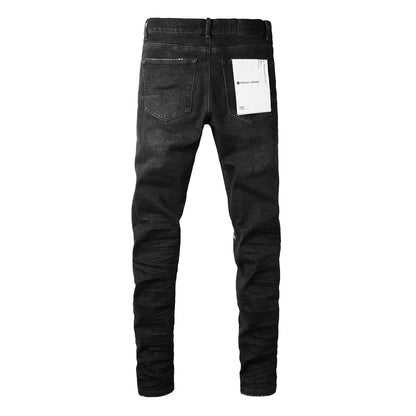 PURPLE Men Streetwear Skinny Jeans Black Wash with Knee Rips and White Paint Specks 9035