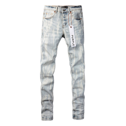 PURPLE Men Streetwear Skinny Jeans Light Blue Wash with White Brushstroke Texture 7017