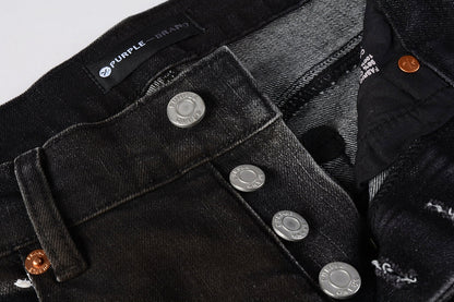 PURPLE Men Streetwear Skinny Jeans Dark Gray Wash with White Paint Splatter and Distressed Rips 9030
