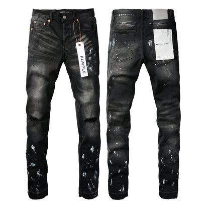 PURPLE Men Streetwear Skinny Jeans Black Fade Wash with White Paint Splatter and Distressed Rips 9002