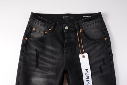 PURPLE Men Streetwear Skinny Jeans Black Wash with Knee Ripped Details 9029