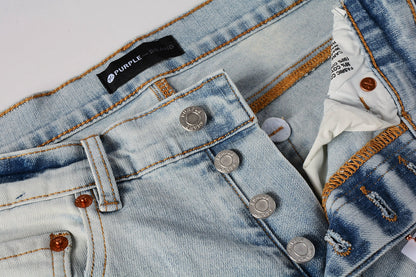 PURPLE Men Streetwear Skinny Jeans Light Blue Wash with White Paint Splatter and Subtle Distress 9006