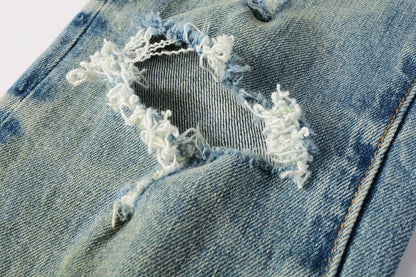 PURPLE Men Streetwear Skinny Jeans Light Blue Wash with Distressed Ripped Knee Details 9076