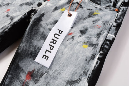 PURPLE Men Streetwear Skinny Jeans Black and White Graffiti Wash with Multi - Color Paint Accents 9020