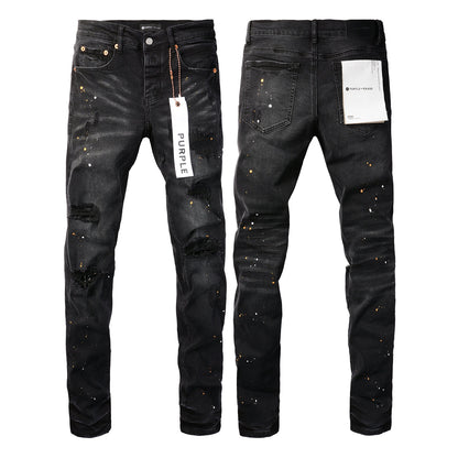 PURPLE Mens Jeans - Distressed Black Denim with Knee Slit and Ripped Hole 9045
