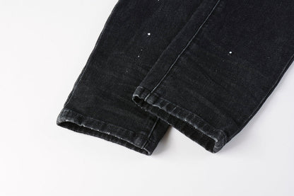 PURPLE Men Streetwear Skinny Jeans Black - Gray Fade Wash with White Paint Specks 9027