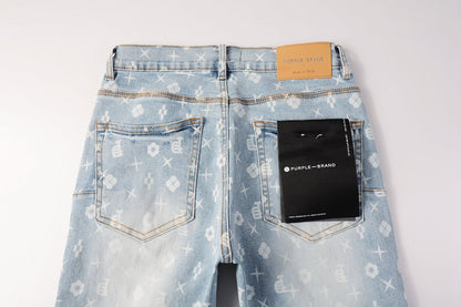 PURPLE Men Streetwear Skinny Jeans Light Blue Wash with All - Over Pattern Print 9089