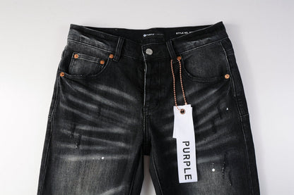 PURPLE Men Streetwear Skinny Jeans Black - Gray Fade Wash with White Paint Specks 9027