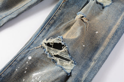 PURPLE Men Streetwear Skinny Jeans Light Blue Wash with Distressed Rips and White Paint Splatter 9012
