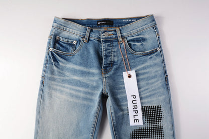 PURPLE Men Streetwear Skinny Jeans Light Blue Wash with Black Pixelated Pattern Print 9052