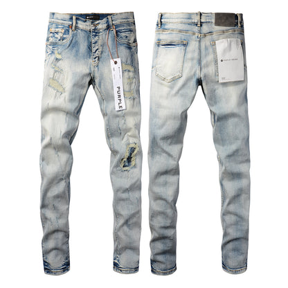 PURPLE Men Streetwear Skinny Jeans Light Blue Wash with Heavy Distressed Rips 9058